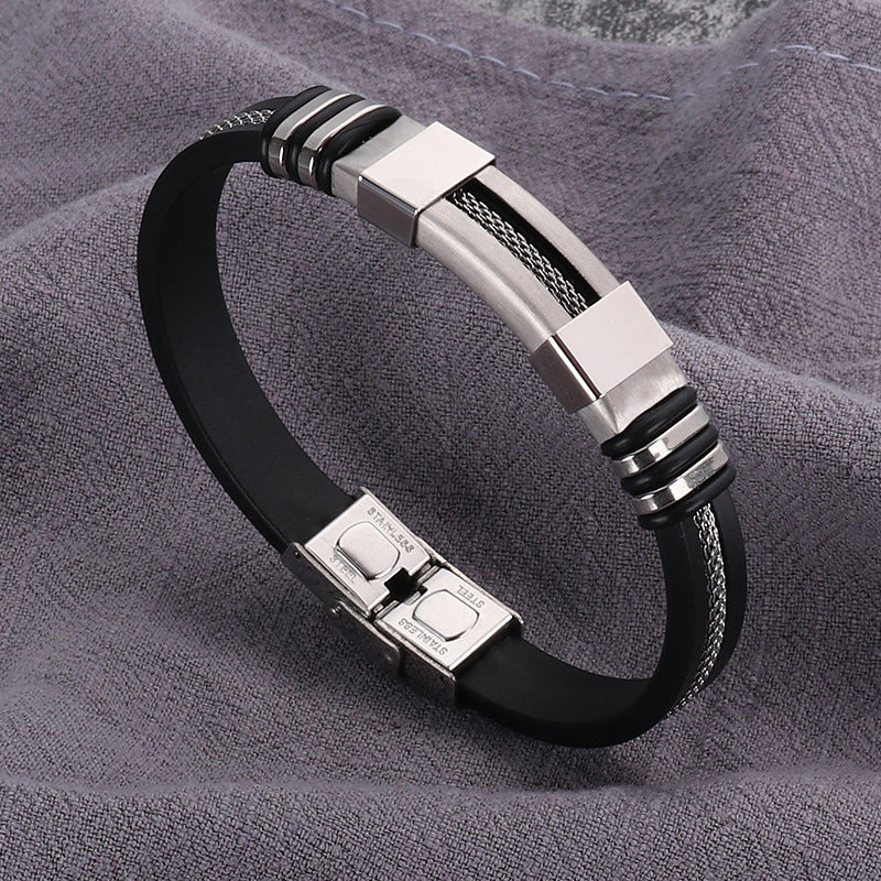 Pulsera de hip-hop para hombre de acero titanio y silicona, pulsera de acero inoxidable estilo punk 