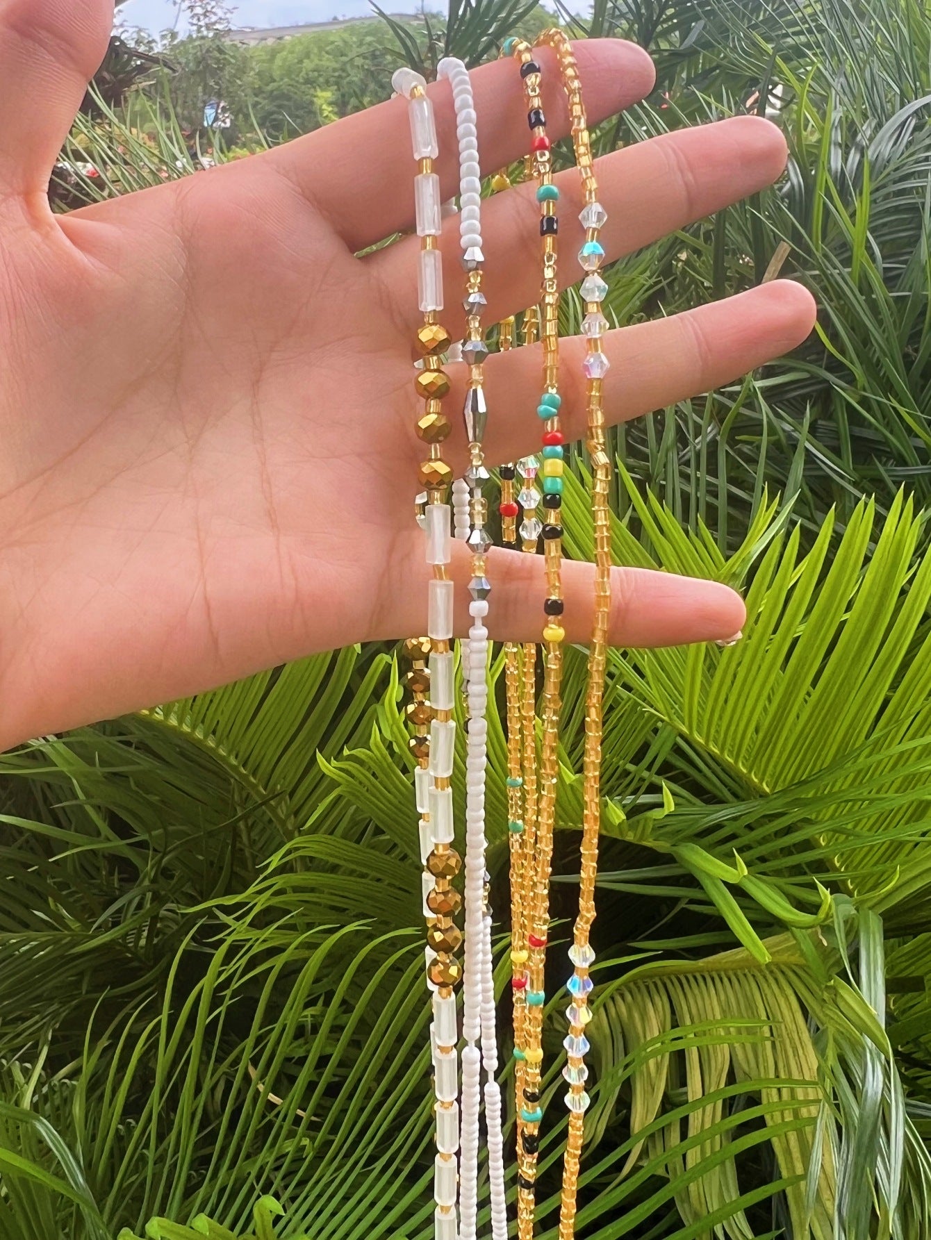 Cadena corporal de cuentas hecha a mano, cadena elástica para cintura con cuentas de arroz de colores de gran tamaño. 