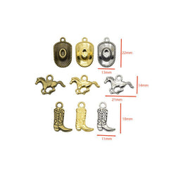 Accesorios de aleación para hacer tú mismo: colgantes de zapatos, sombreros y caballos de mezclilla estilo western 