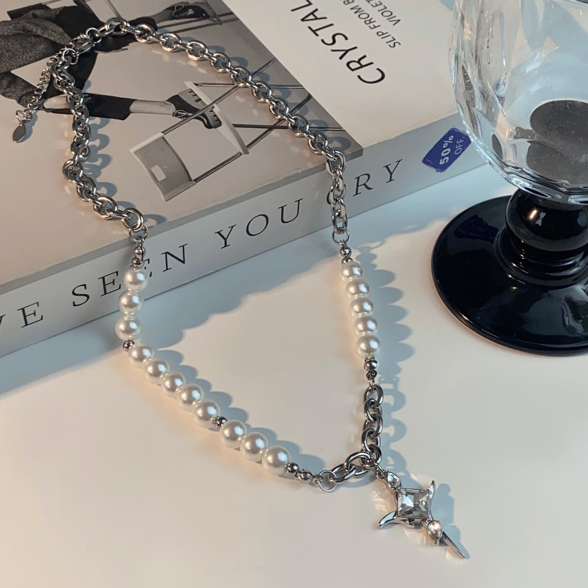 Collar de cadena cubana para hombre con circonitas cruzadas de acero y titanio 
