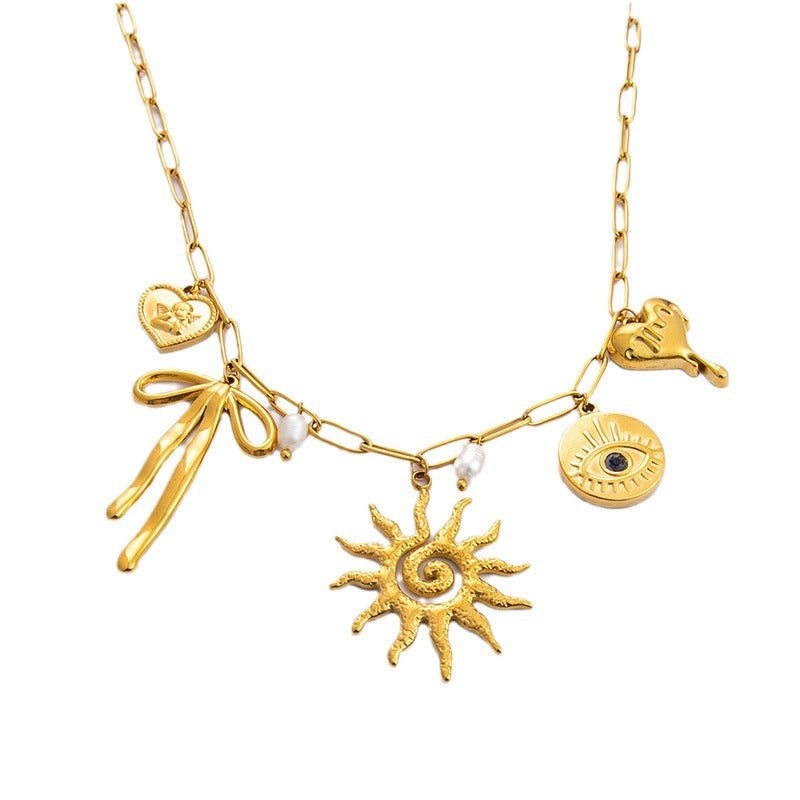 Collar con colgante de acero de titanio chapado en forma de corazón con lazo y ojo de diablo de estilo clásico, joyería al por mayor 