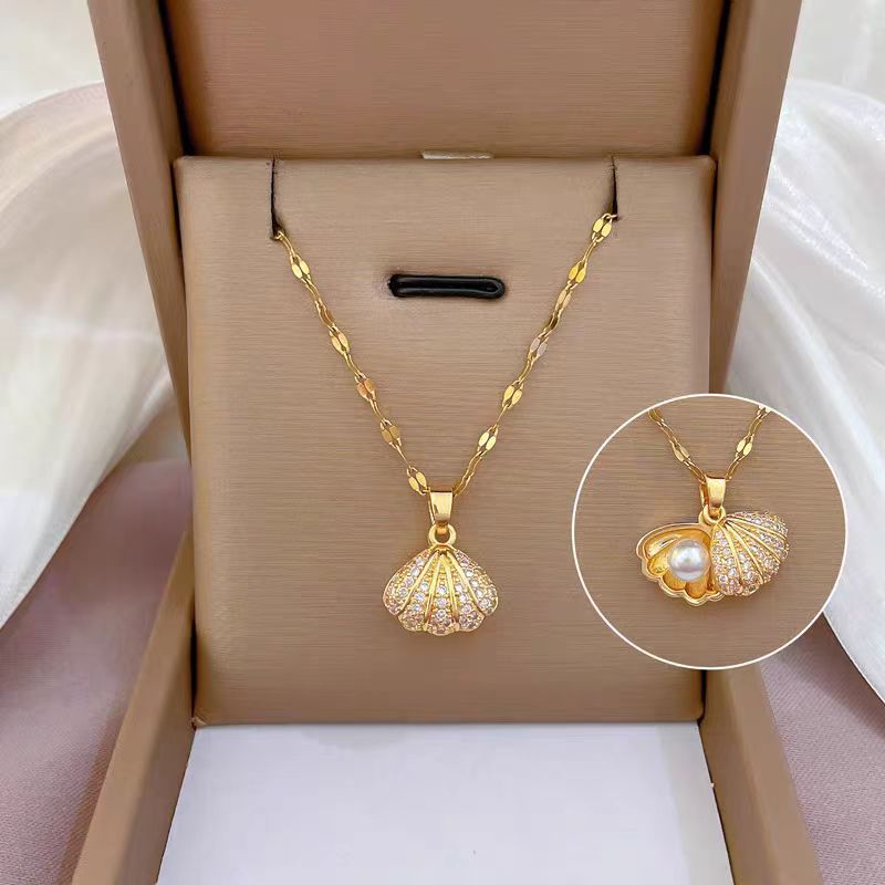 Collar de perlas de concha con microincrustaciones de circonitas, cadena corta para clavícula de mujer, 2 piezas 