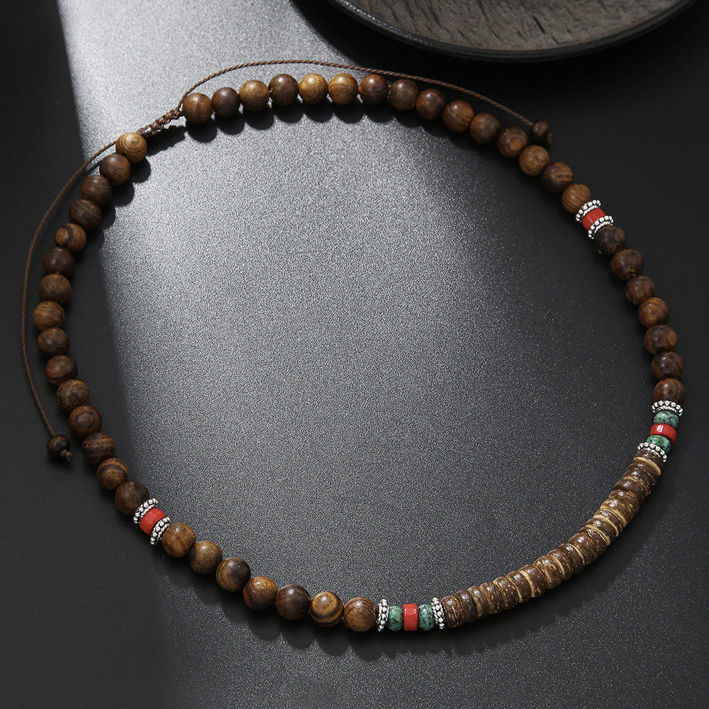 Collar corto con cuentas de madera de concha de coco bohemio para hombre, con tiras apiladas y cuentas turquesas, cadena de clavícula.