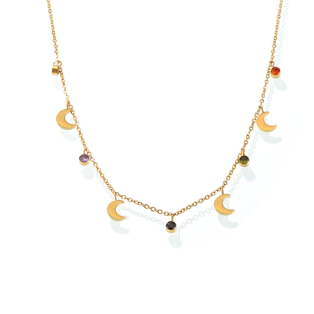 Collar de clavícula con forma de luna de acero inoxidable bañado en oro de 18 quilates y borlas de diamantes de imitación multicolor 