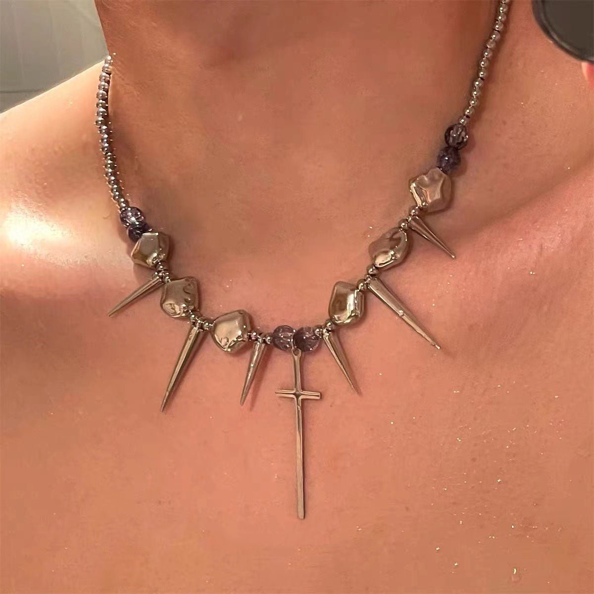 Collar de cadena cubana para hombre con circonitas cruzadas de acero y titanio 