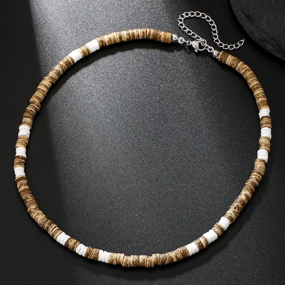 Collar corto con cuentas de madera de concha de coco bohemio para hombre, con tiras apiladas y cuentas turquesas, cadena de clavícula.