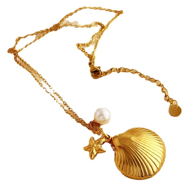 Colgante de cadena de clavícula de acero inoxidable con concha de estrella de mar chapado en oro, joyería de perlas