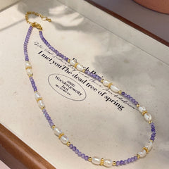 Collar de cristal con perlas naturales de agua dulce y cadena de clavícula apilada 