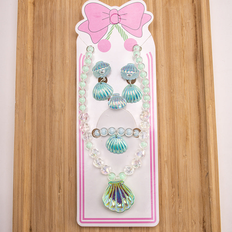 Conjunto de joyería de dibujos animados para niños, collar de perlas hecho a mano, pulsera, anillo, concha, cola de pez, unicornio 