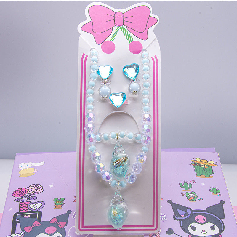 Conjunto de joyería de dibujos animados para niños, collar de perlas hecho a mano, pulsera, anillo, concha, cola de pez, unicornio 