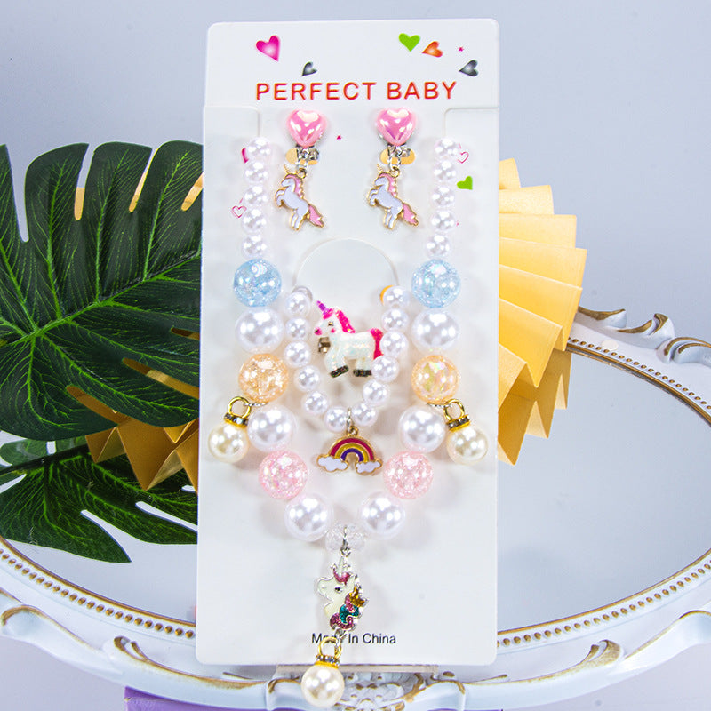 Conjunto de joyería de dibujos animados para niños, collar de perlas hecho a mano, pulsera, anillo, concha, cola de pez, unicornio 