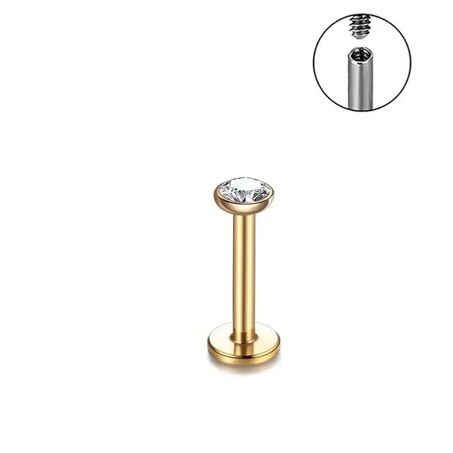 Perno de labio con perforación de bolsa de acero inoxidable de 1,5-4 mm y circonita de 1,2 mm con perforación para nariz y oreja. 