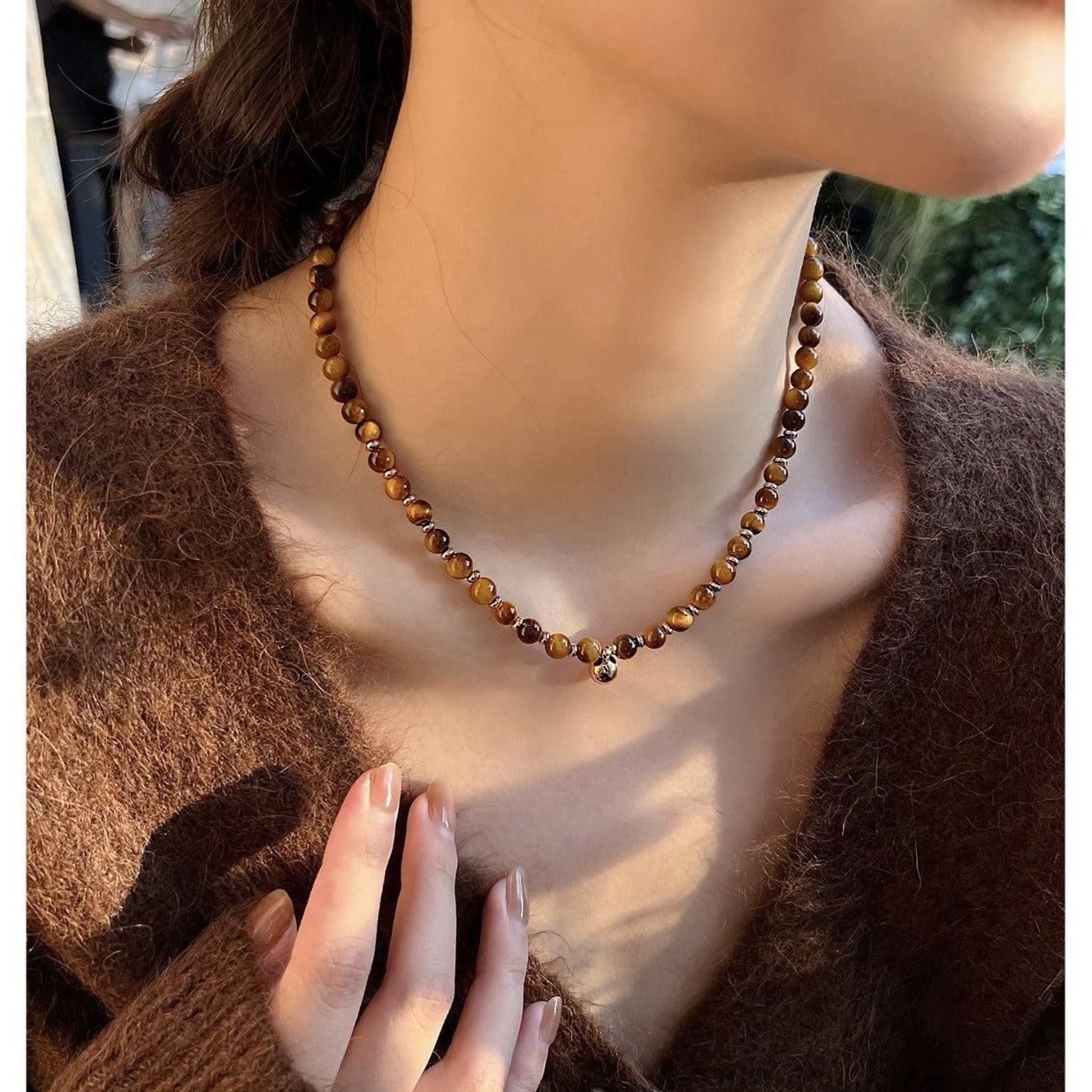 Collar de perlas, piedra de ojo de tigre, collar de bolas de oro pequeñas, cadena de piedra natural 