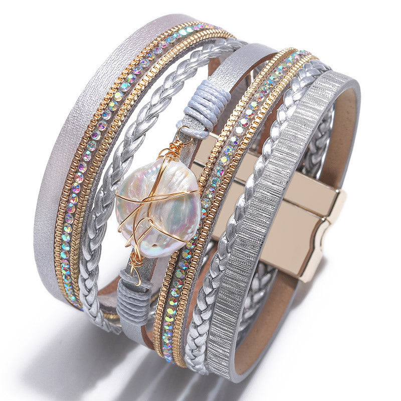 Pulsera de perlas barrocas de concha natural tejida multicapa, pulsera bohemia para mujer 