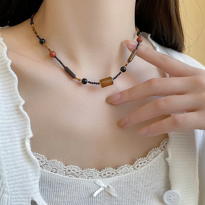 Collar de perlas, piedra de ojo de tigre, collar de bolas de oro pequeñas, cadena de piedra natural 
