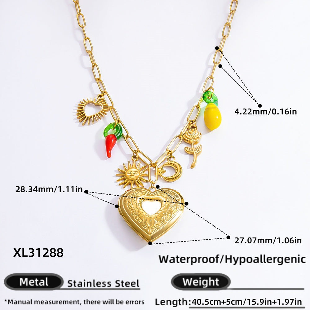 Collar con colgante de acero de titanio chapado en forma de corazón con lazo y ojo de diablo de estilo clásico, joyería al por mayor 