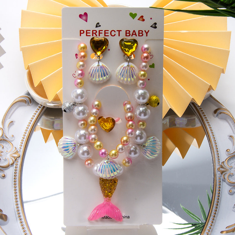 Conjunto de joyería de dibujos animados para niños, collar de perlas hecho a mano, pulsera, anillo, concha, cola de pez, unicornio 