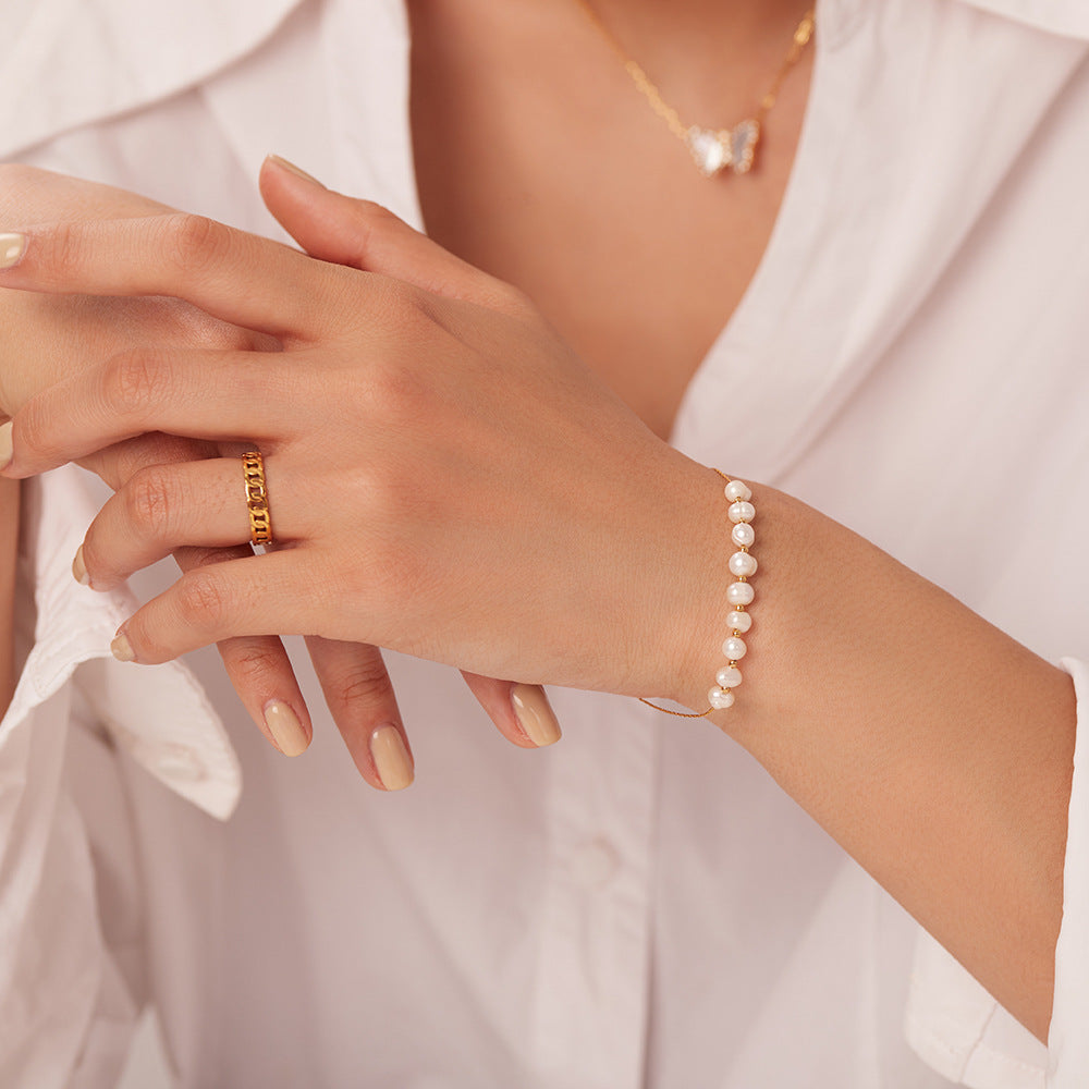 Pulsera de acero inoxidable con perla de agua dulce natural, joyería, chapada en PVD, cadena de oro de 18 quilates.