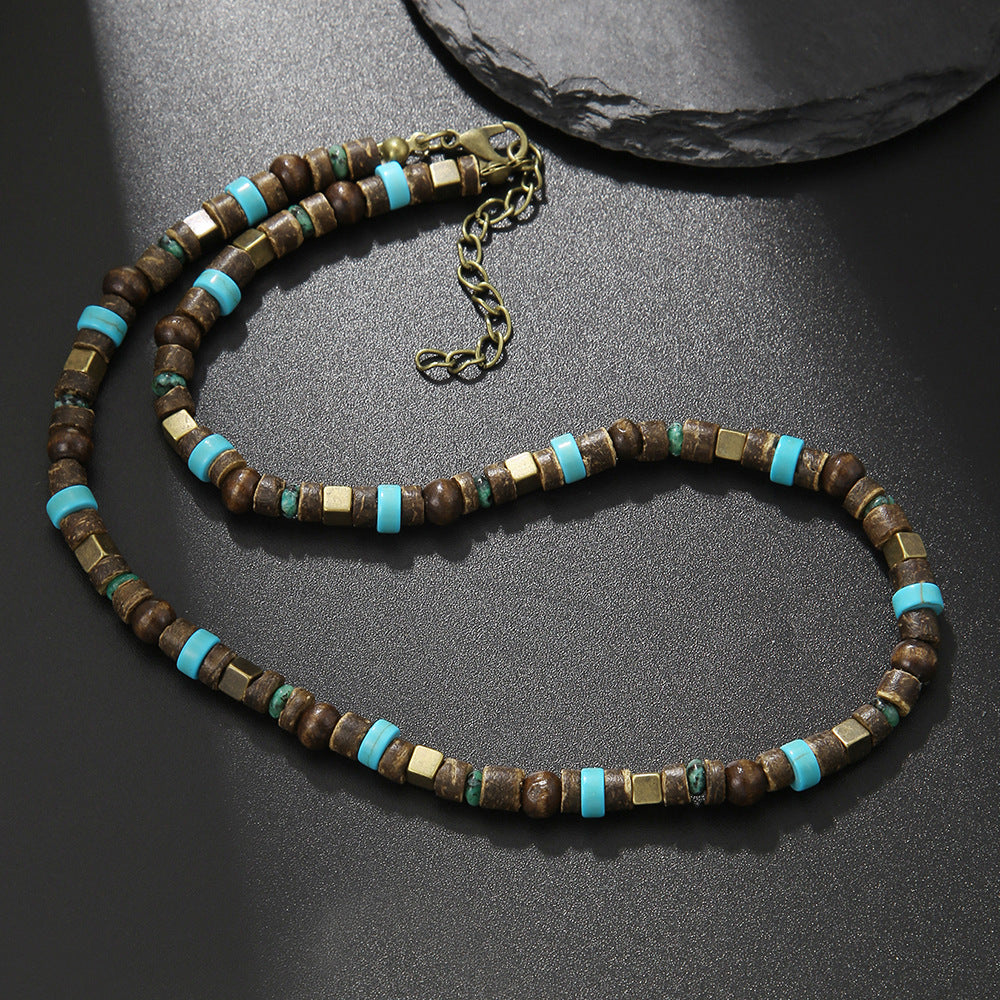 Collar corto con cuentas de madera de concha de coco bohemio para hombre, con tiras apiladas y cuentas turquesas, cadena de clavícula.