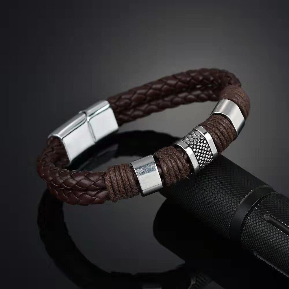 Pulsera de cuero cruzada para hombre, multicapa, tejida a mano, con hebilla magnética 
