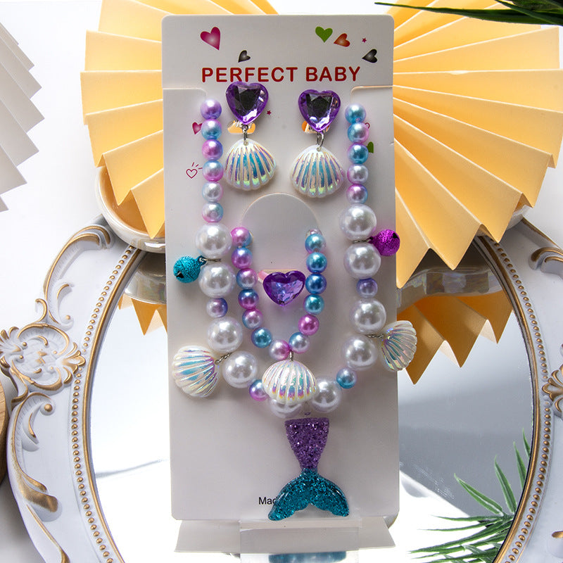 Conjunto de joyería de dibujos animados para niños, collar de perlas hecho a mano, pulsera, anillo, concha, cola de pez, unicornio 