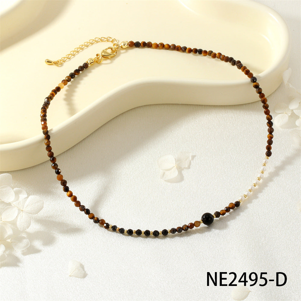 Collar de perlas de moda, collar literario con cuentas de piedra de ojo de tigre en tono Maillard nicho de moda 