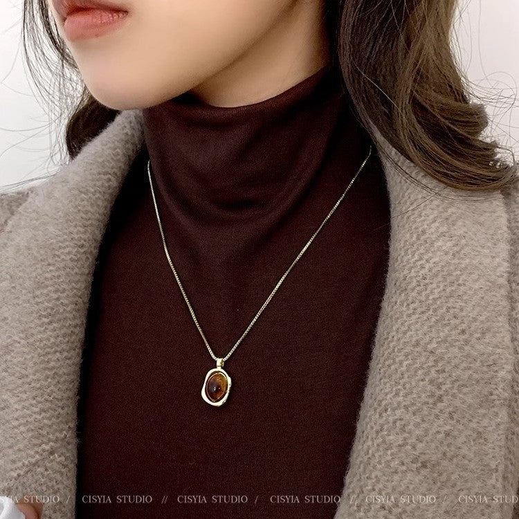 Collar de suéter dorado apilado con ámbar, cadena de suéter para niñas 