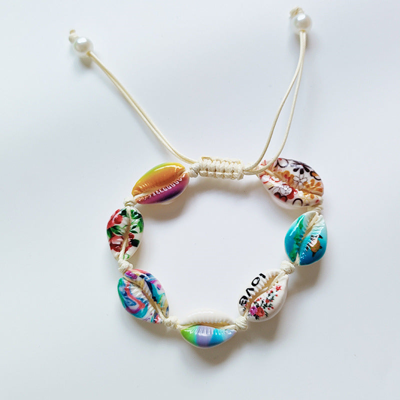 Pulsera tejida de conchas naturales bohemias con cuentas de hilo encerado, pulsera de perlas pintada a mano DIY 