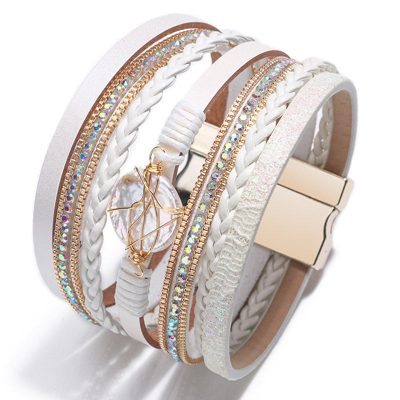 Pulsera de perlas barrocas de concha natural tejida multicapa, pulsera bohemia para mujer 