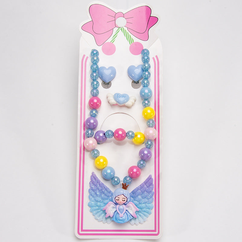 Conjunto de joyería de dibujos animados para niños, collar de perlas hecho a mano, pulsera, anillo, concha, cola de pez, unicornio 