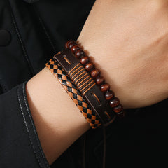 Pulsera de cuero con cuentas, pulsera tejida de cuero multicapa 
