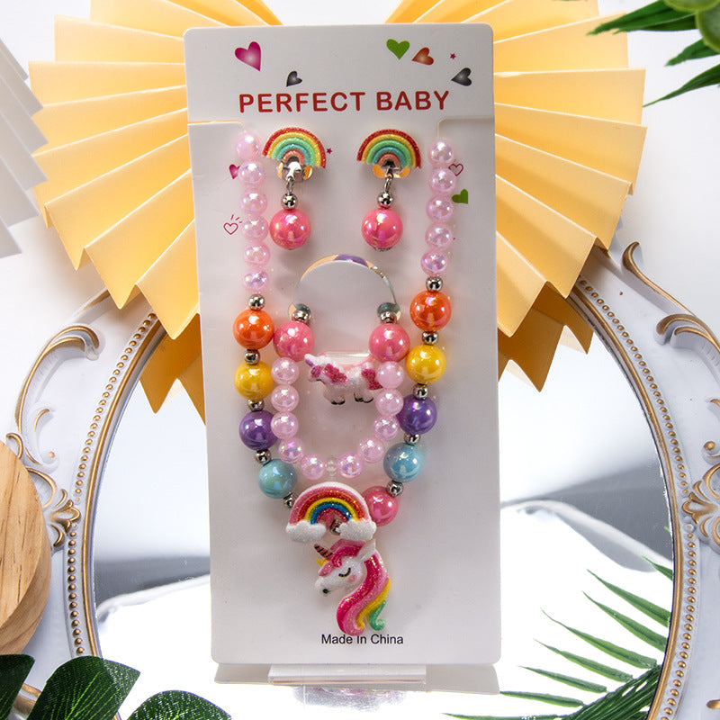 Conjunto de joyería de dibujos animados para niños, collar de perlas hecho a mano, pulsera, anillo, concha, cola de pez, unicornio 