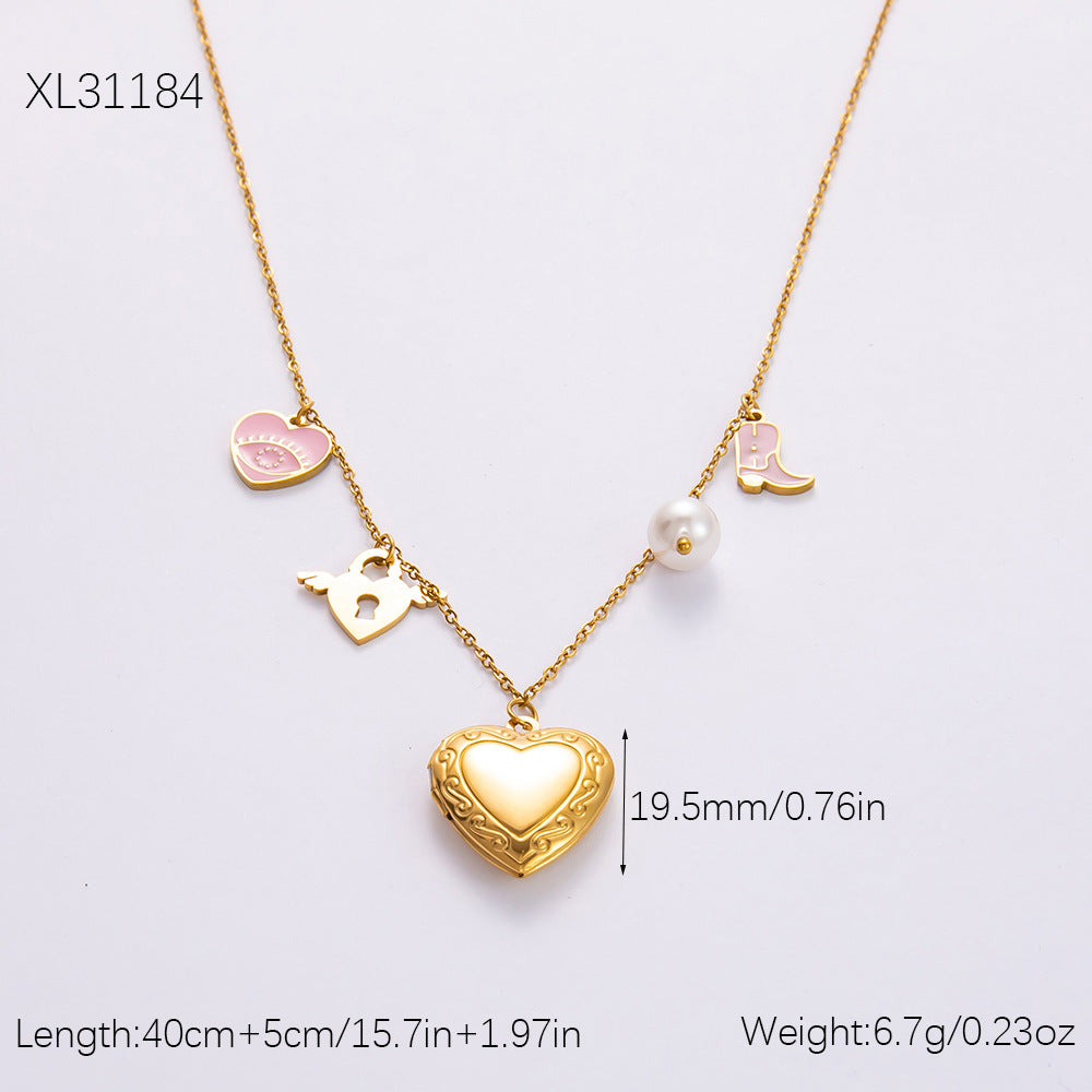 Collar con colgante de acero de titanio chapado en forma de corazón con lazo y ojo de diablo de estilo clásico, joyería al por mayor 