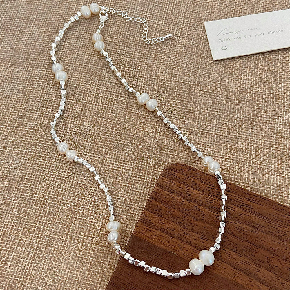 Collar de perlas de agua dulce naturales, cadena de cuello de plata rota, cadena de clavícula femenina. 