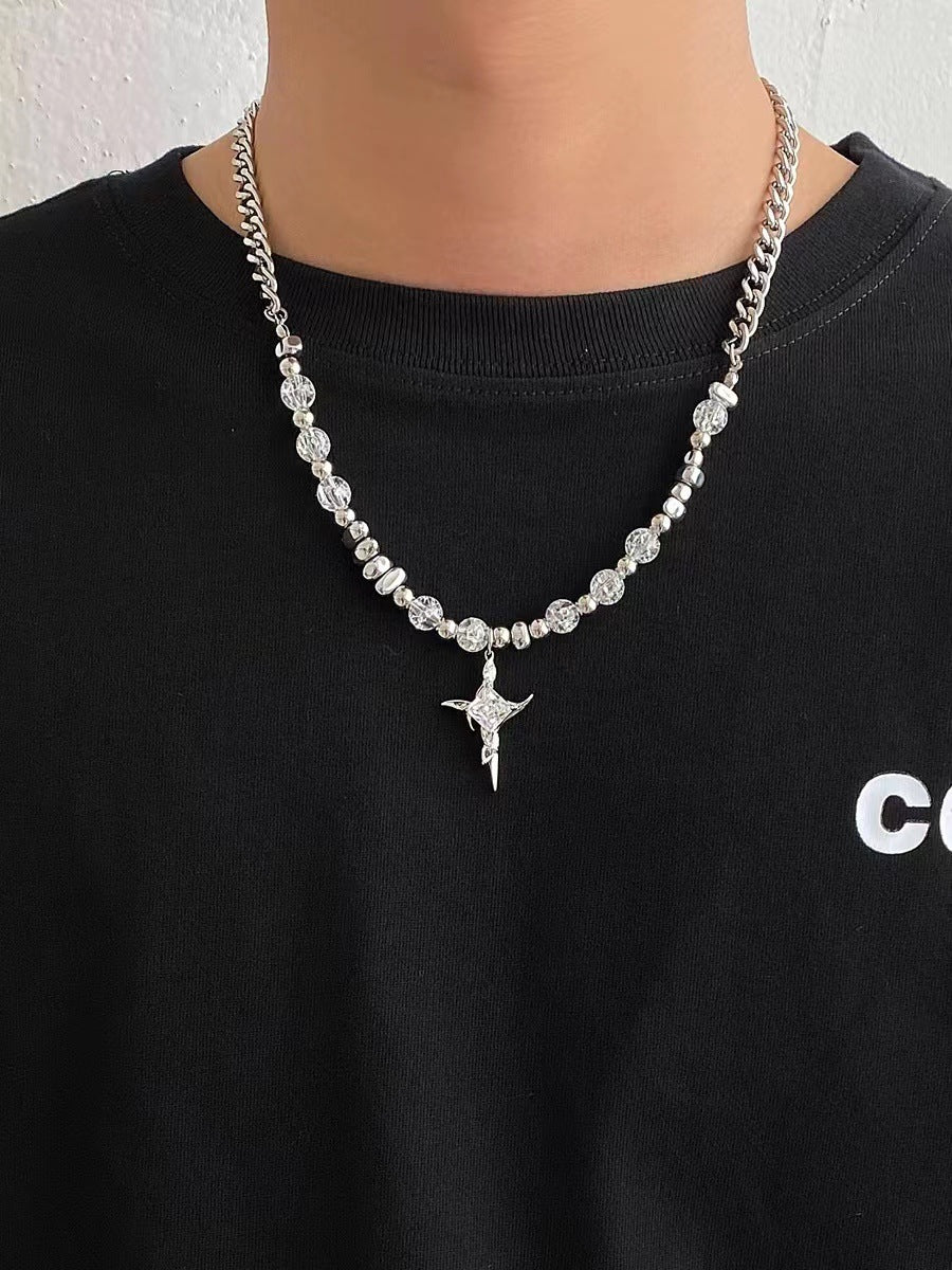 Collar de cadena cubana para hombre con circonitas cruzadas de acero y titanio 
