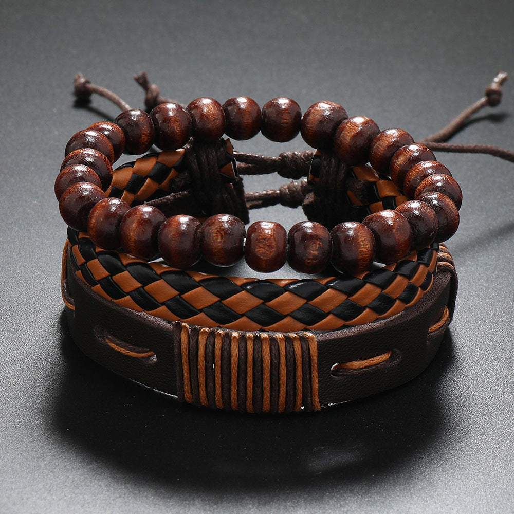 Pulsera de cuero con cuentas, pulsera tejida de cuero multicapa 