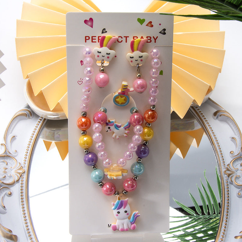 Conjunto de joyería de dibujos animados para niños, collar de perlas hecho a mano, pulsera, anillo, concha, cola de pez, unicornio 