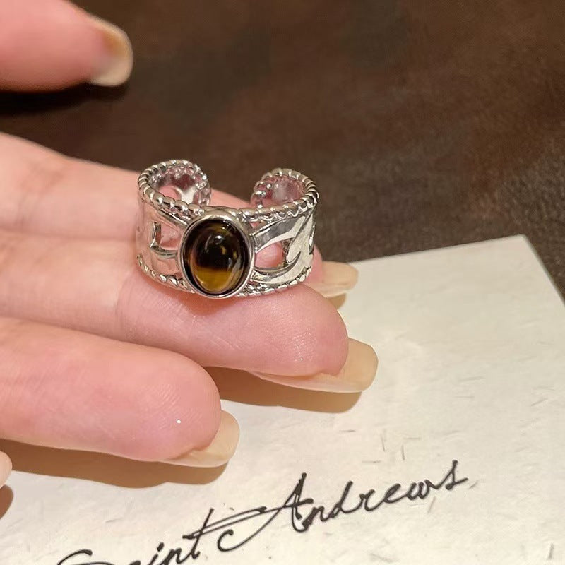 Anillo ajustable con apertura de piedra de ojo de tigre para dedo índice femenino 