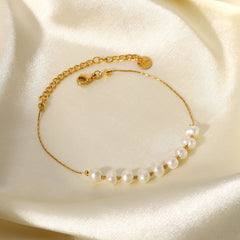 Pulsera de acero inoxidable con perla de agua dulce natural, joyería, chapada en PVD, cadena de oro de 18 quilates.