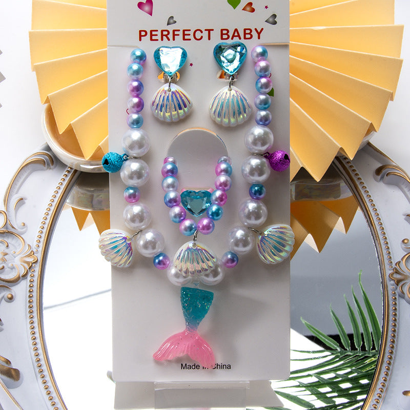 Conjunto de joyería de dibujos animados para niños, collar de perlas hecho a mano, pulsera, anillo, concha, cola de pez, unicornio 