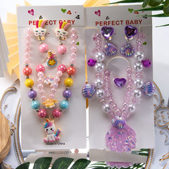 Conjunto de joyería de dibujos animados para niños, collar de perlas hecho a mano, pulsera, anillo, concha, cola de pez, unicornio 