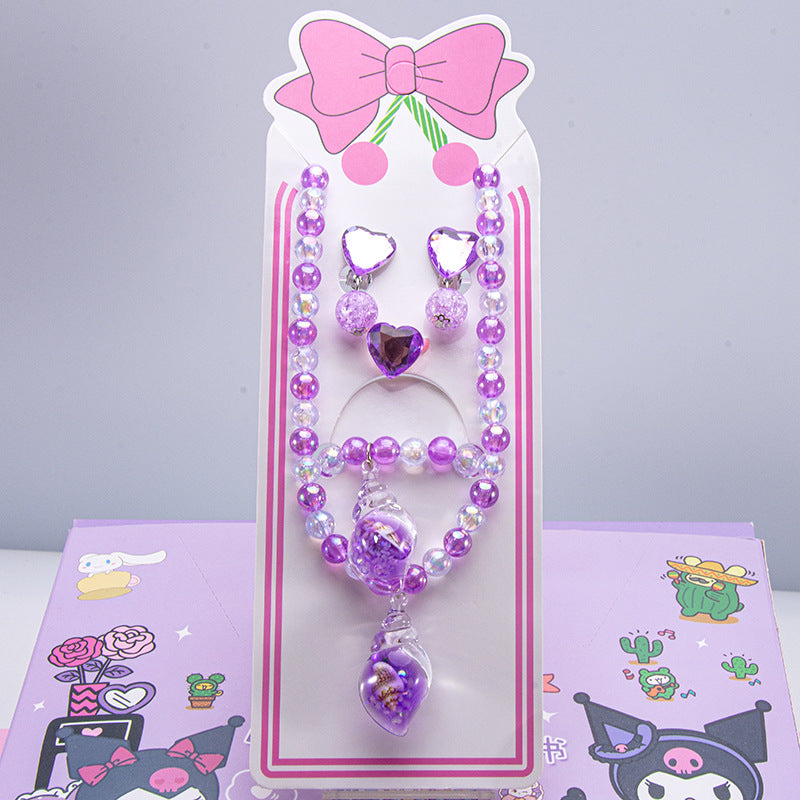Conjunto de joyería de dibujos animados para niños, collar de perlas hecho a mano, pulsera, anillo, concha, cola de pez, unicornio 