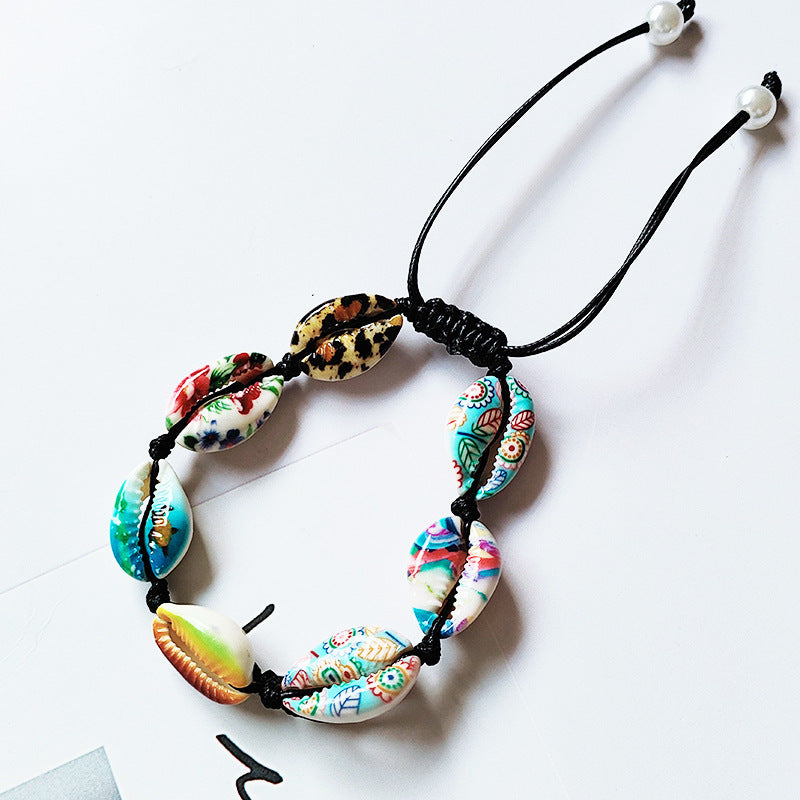 Pulsera tejida de conchas naturales bohemias con cuentas de hilo encerado, pulsera de perlas pintada a mano DIY 