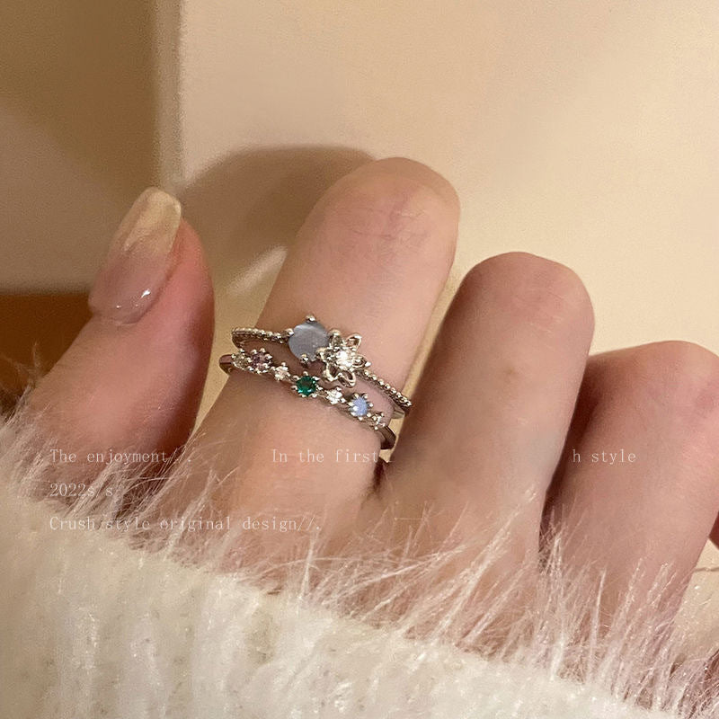 Anillo de amor azul marino, anillo de dedo índice con circonitas de luz de luna para mujer, anillo ajustable 