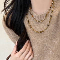 Collar de cuentas de cristal de café con piedra de ojo de tigre retro natural, cadena de suéter para mujer, cadena de clavícula 