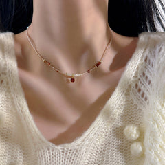 Collar de cuentas de piedra natural con perla de agua dulce y cadena para clavícula 