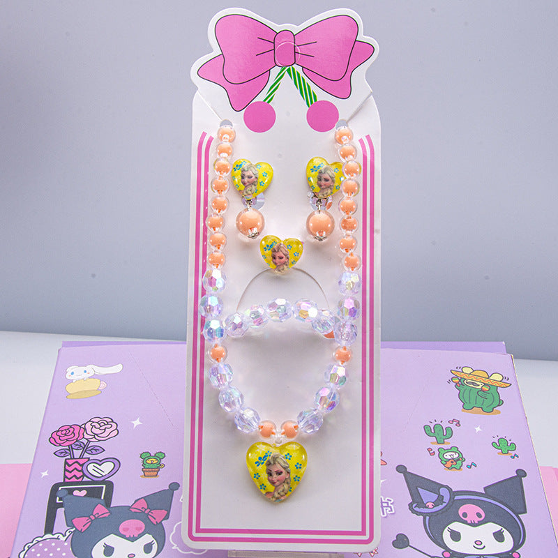 Conjunto de joyería de dibujos animados para niños, collar de perlas hecho a mano, pulsera, anillo, concha, cola de pez, unicornio 