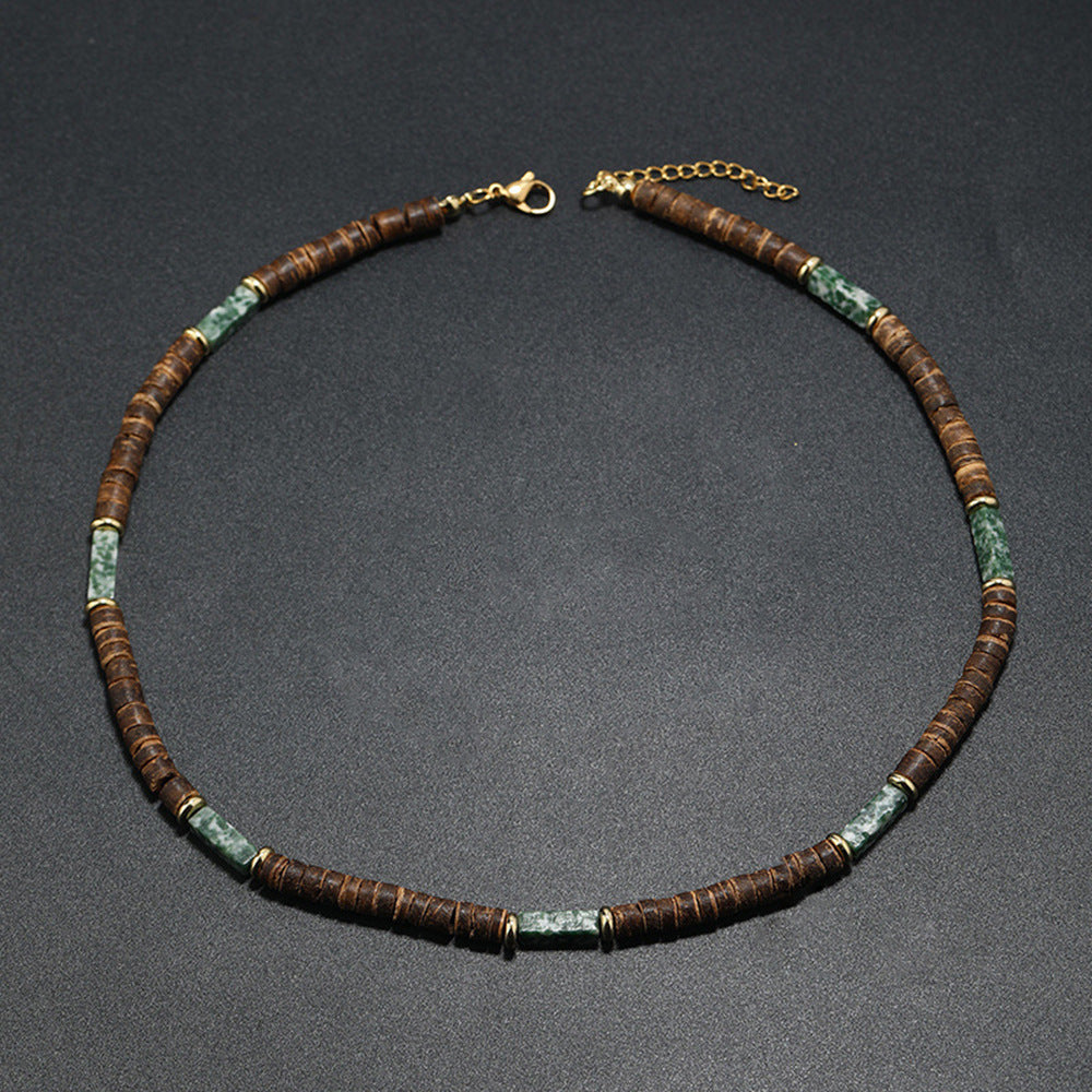 Collar corto con cuentas de madera de concha de coco bohemio para hombre, con tiras apiladas y cuentas turquesas, cadena de clavícula.