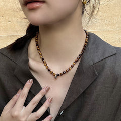 Collar de perlas, piedra de ojo de tigre, collar de bolas de oro pequeñas, cadena de piedra natural 