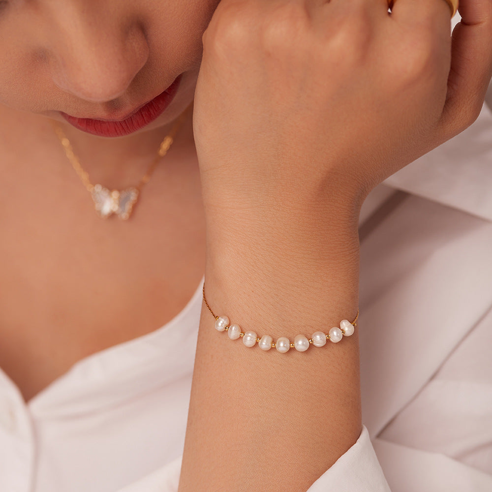 Pulsera de acero inoxidable con perla de agua dulce natural, joyería, chapada en PVD, cadena de oro de 18 quilates.